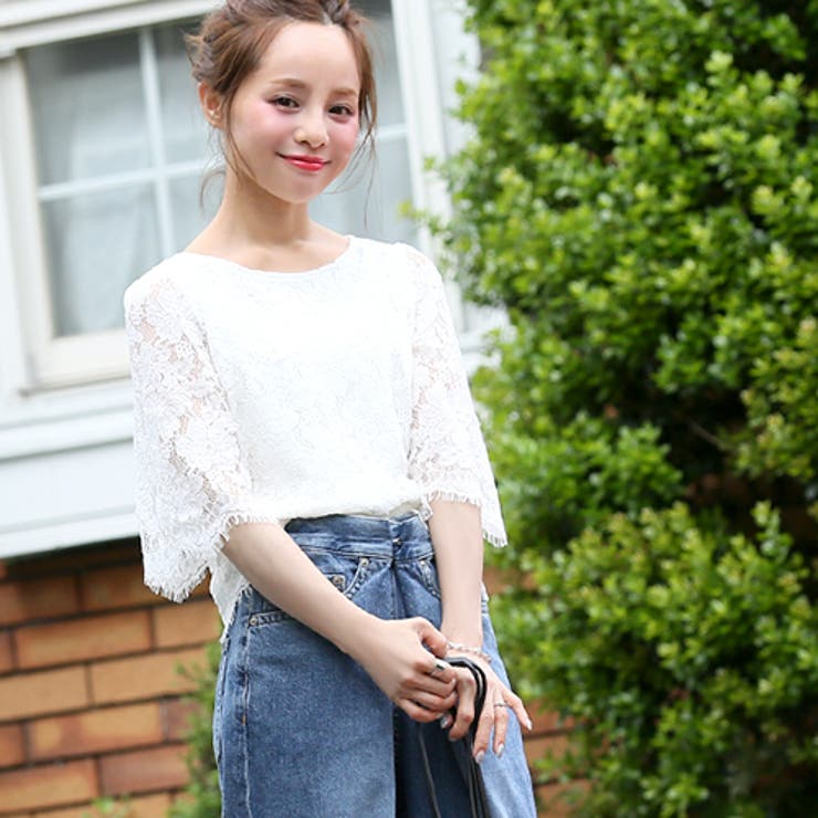 花柄総レース七分袖トップス 田中亜希子さん着用(ブラウス スカラップ