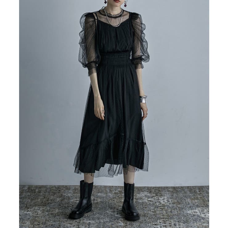 etoll エトル ドットチュールレイヤードドレス[品番：FT000007217