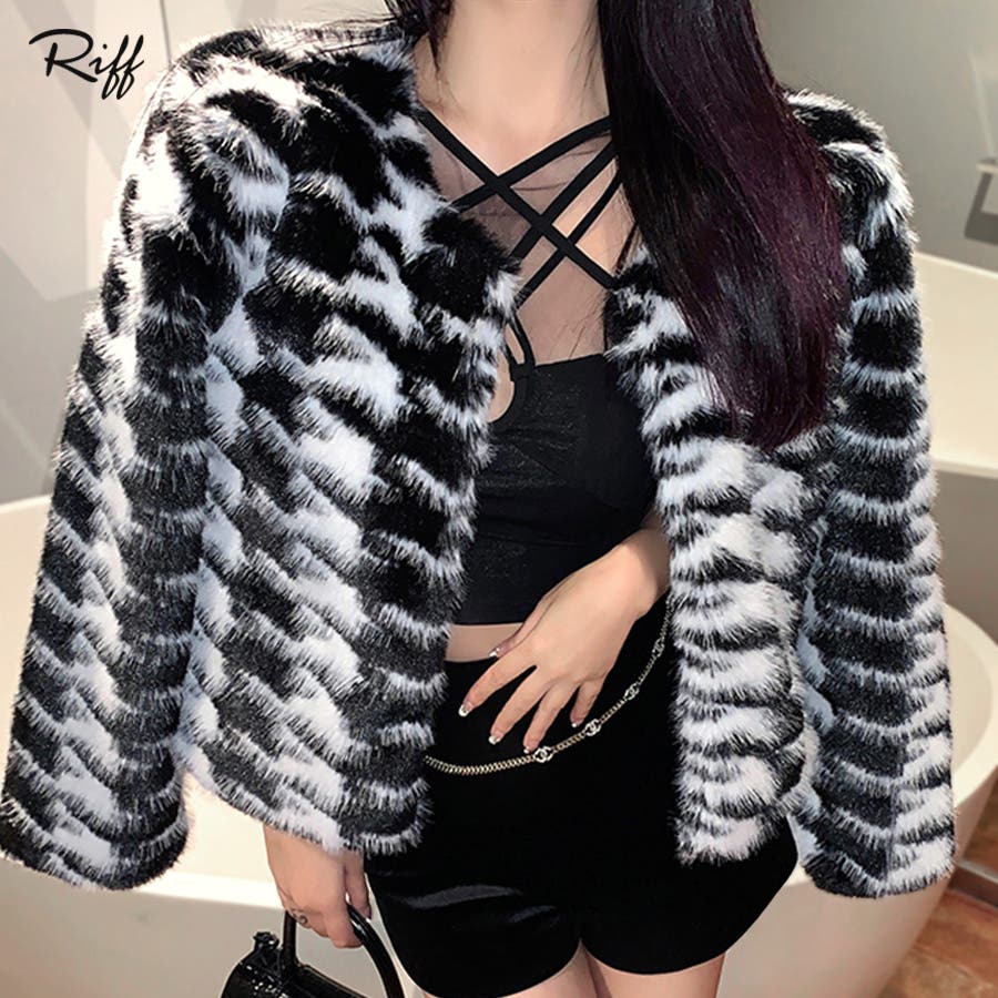 千鳥格子柄フェイクファーコート ノーカラージャケット チェック柄