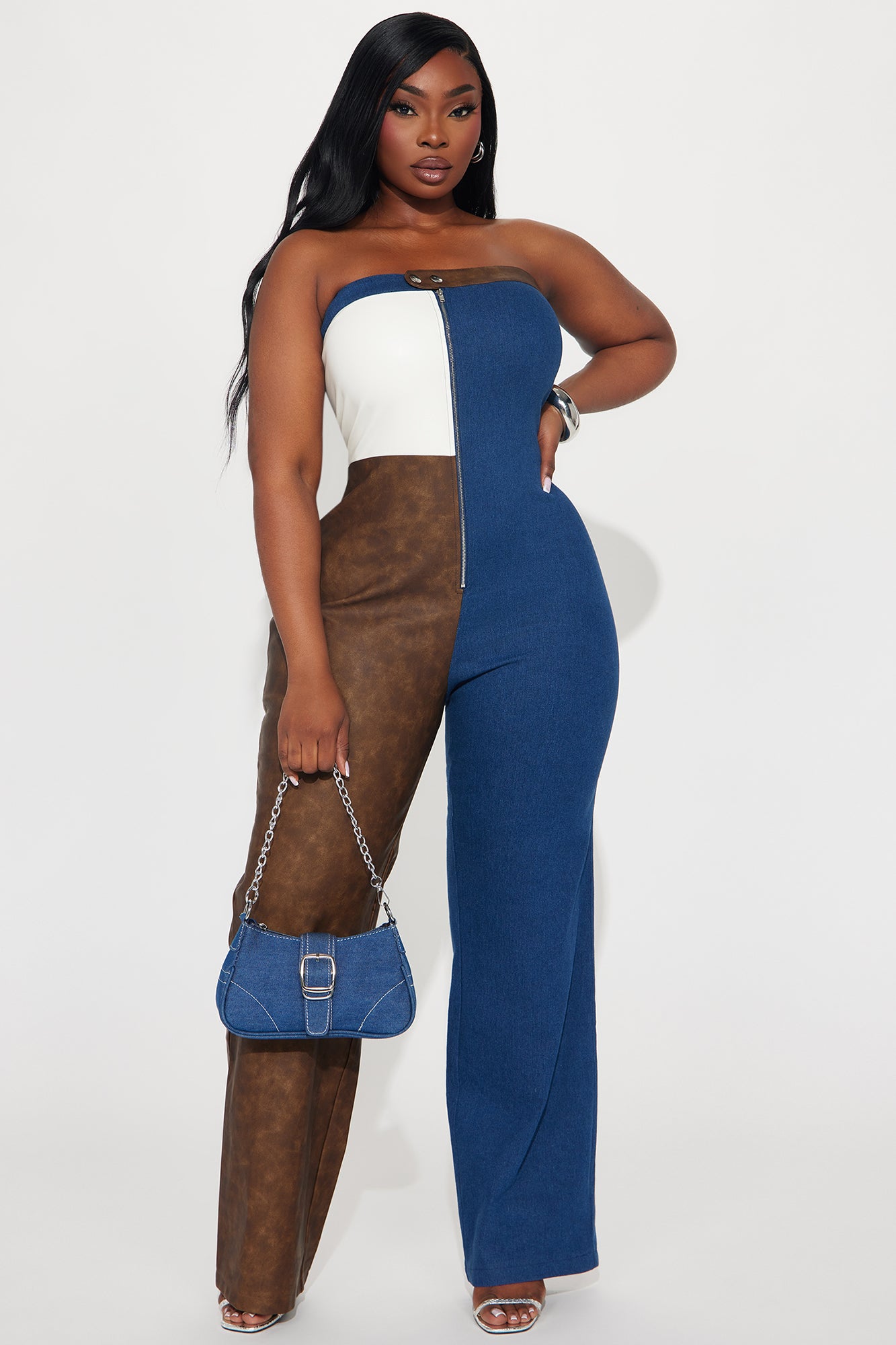 No Blocked Hearts Faux Leather Jumpsuit - Royal/combo | Fashion Nova