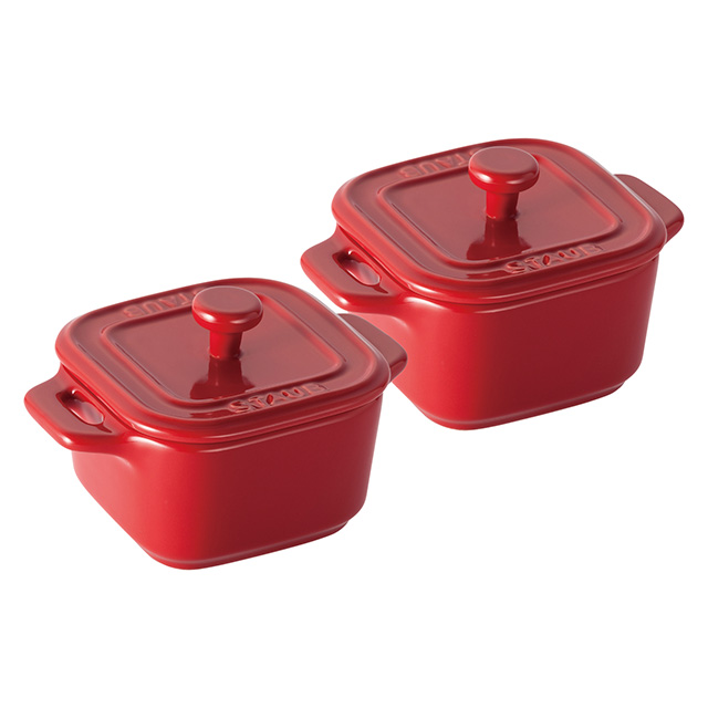 ストウブ[staub]のセラミックスクエアココット ペア チェリー｜お祝い