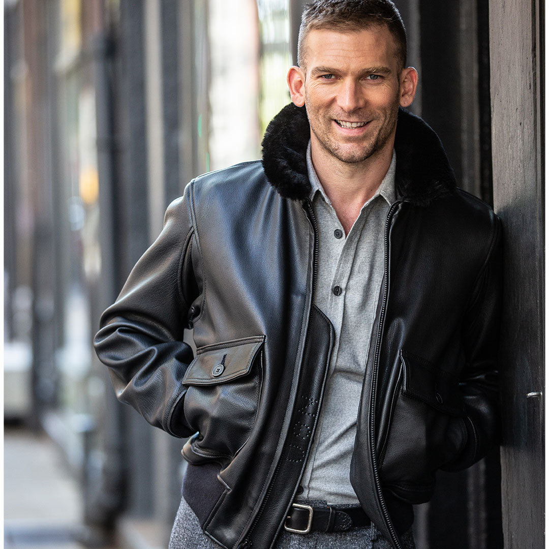 Men's Goatskin Leather Bomber Jacket - Black with Fur Collar