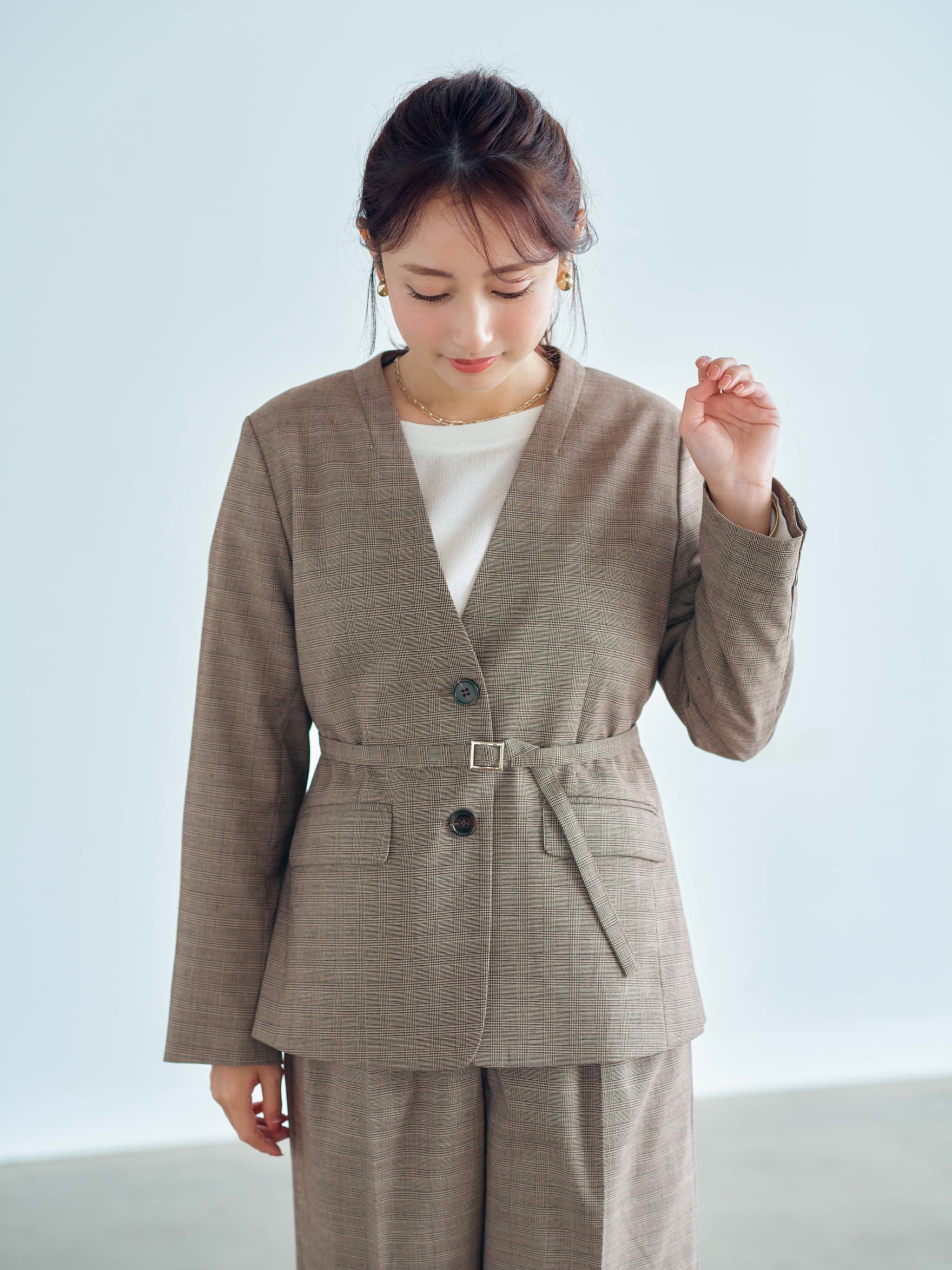 ノーカラーベルト付きシングルジャケット | 小柄・低身長女性向け