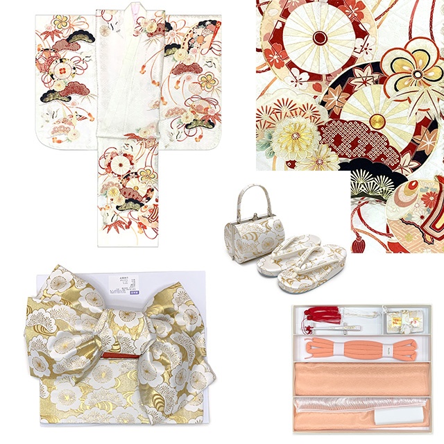 紅一点” ブランド 七五三 7歳 女の子 着物 フルセット 正絹【源氏車柄】