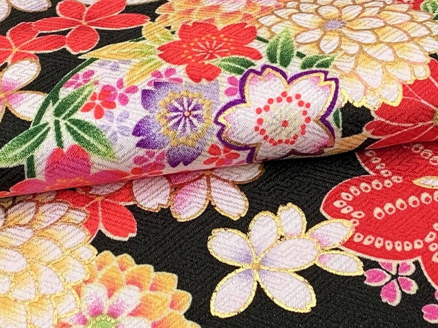 七五三 着物 7歳 女の子 総柄の子供着物 単品 合繊【黒地、菊と牡丹】