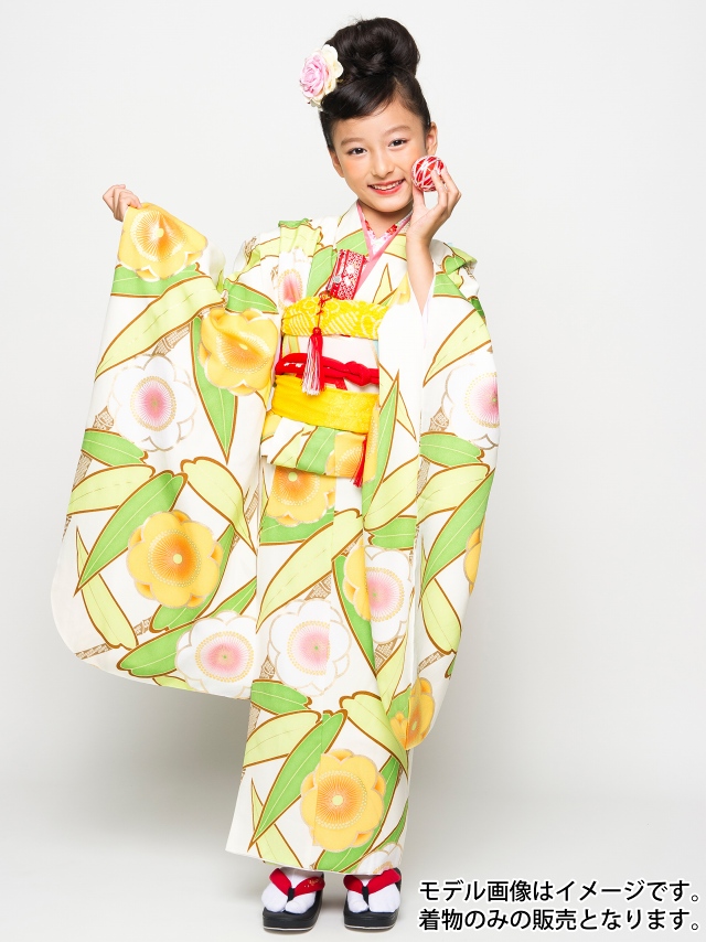 七五三　着物セット　7歳　緑色　黄色　大輪柄　華やか　ポップ 楽天市場】七五三 着物 7歳 四つ身セット(結び帯セット) 女の子 16点