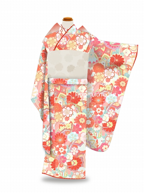 華やかな古典柄の子供着物の反物を七五三の7歳用の着物にお仕立てして