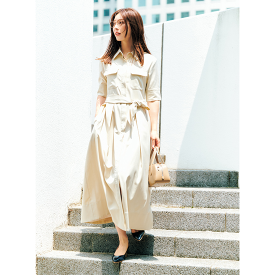 Re:EDIT]リネンライクウエストリボン付きAラインシャツワンピース