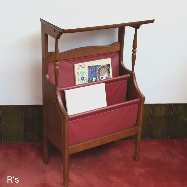 レトロ 木製 大理石調デコラ張り天板付き 2段マガジンラック ユーズド