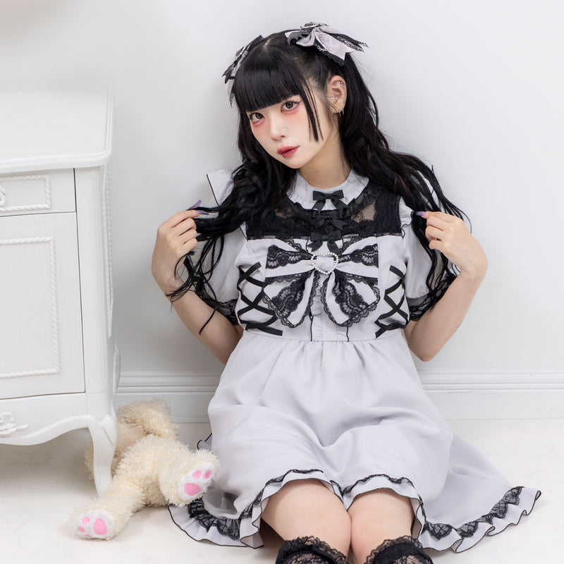 ハートビジューリボンヨークフリルサイドレースアップワンピース