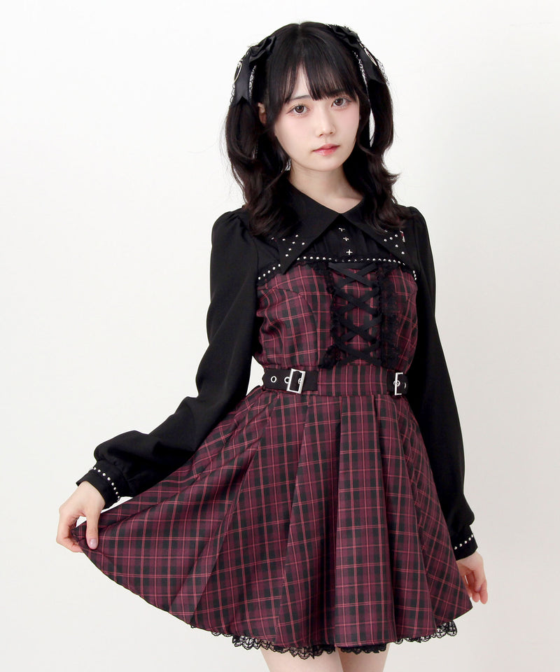 十字架スタッズジャンスカ風レースアッププリーツワンピース