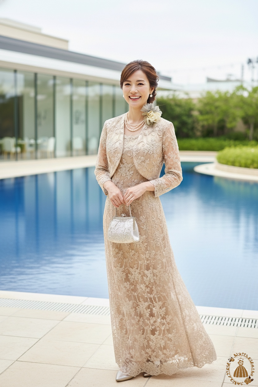 総レースの高級マザードレス！人気のベージュ系ゴールドドレス【マリア