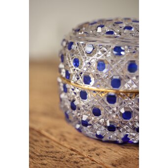 江戸切子 堀口硝子 須田秀石 瑠璃被 籠目紋 蓋物/棗 共箱 Y044｜骨董店