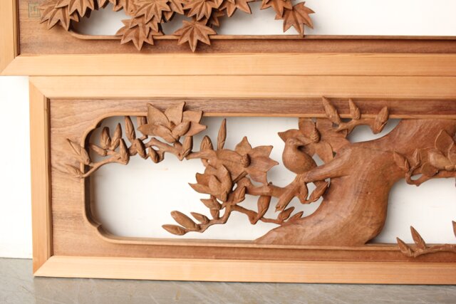 寺崎明 井波彫刻 花鳥木彫欄間 2枚1組 R0467｜骨董店 のびる 古美術