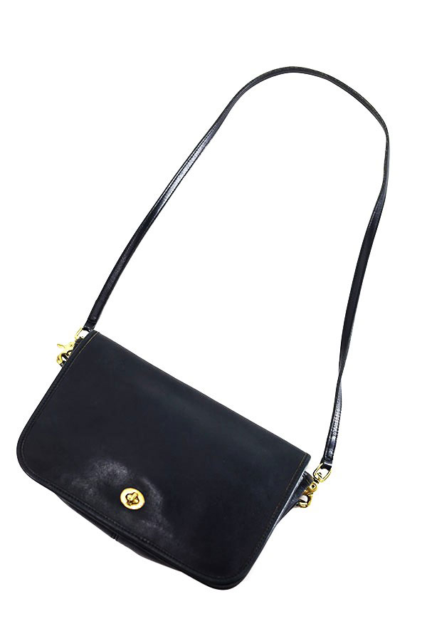 Used 80s USA OLD COACH Black Grab Leather Turn Lock Middle Sholder