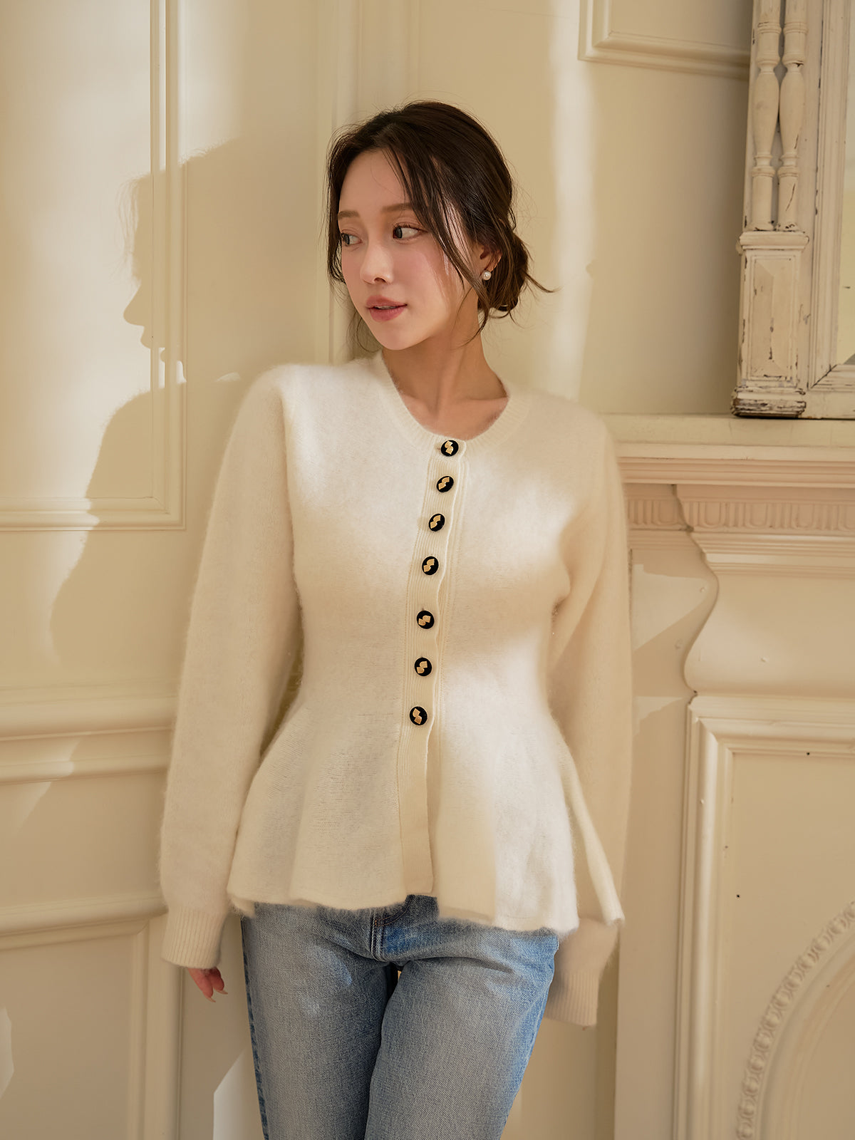 ウール起毛ペプラムニットカーディガン