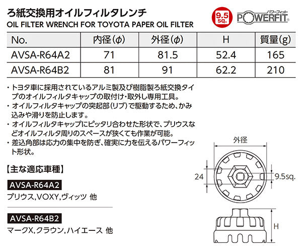 KTC ろ紙交換用オイルフィルターレンチ AVSA-R64A2 内径Φ71mm プリウス