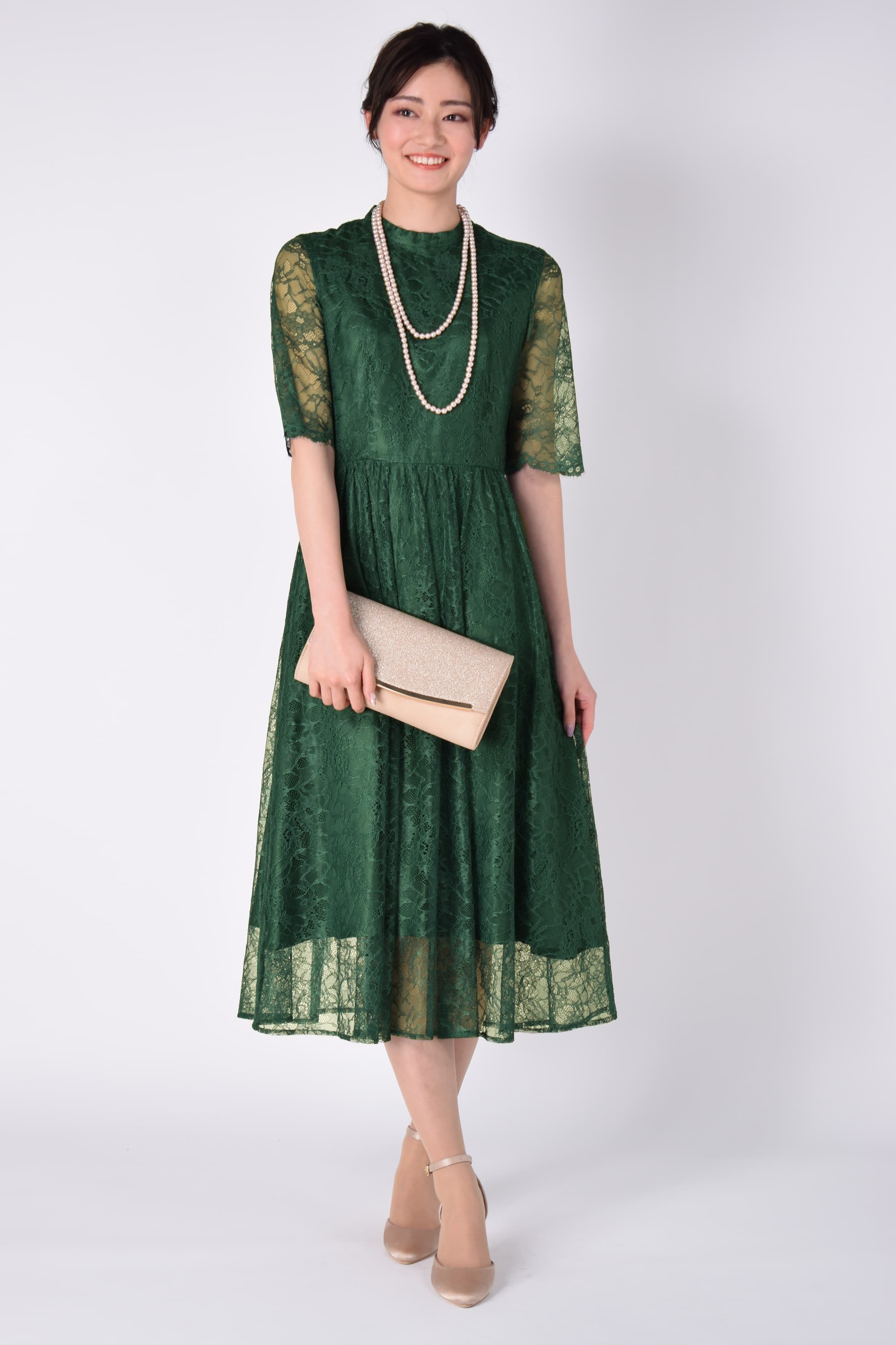 AIMER 総レースミディ丈グリーンドレス (L) をレンタル - 結婚式