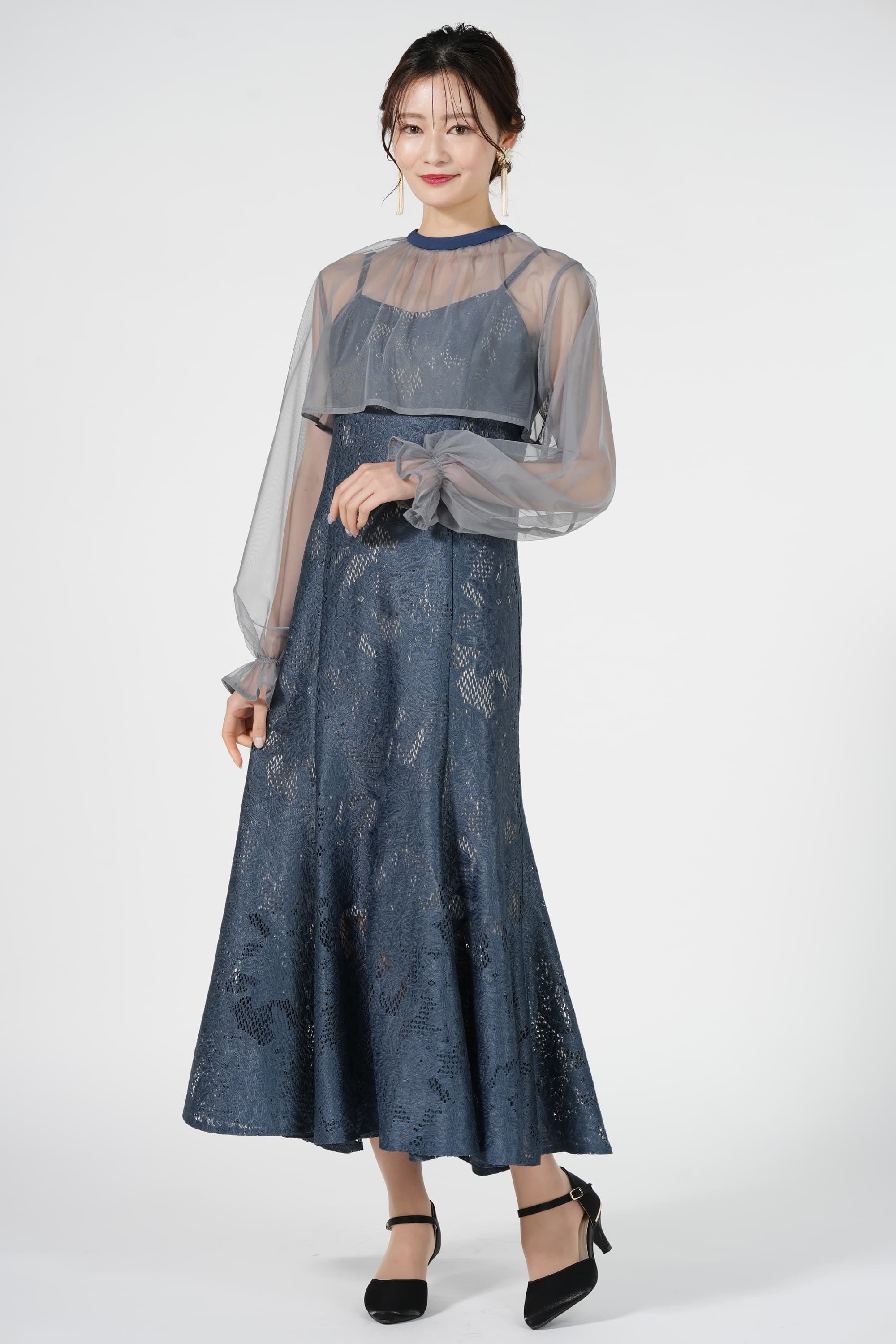etoll. シフォンボレロ＆マーメイドくすみネイビードレス (M) を