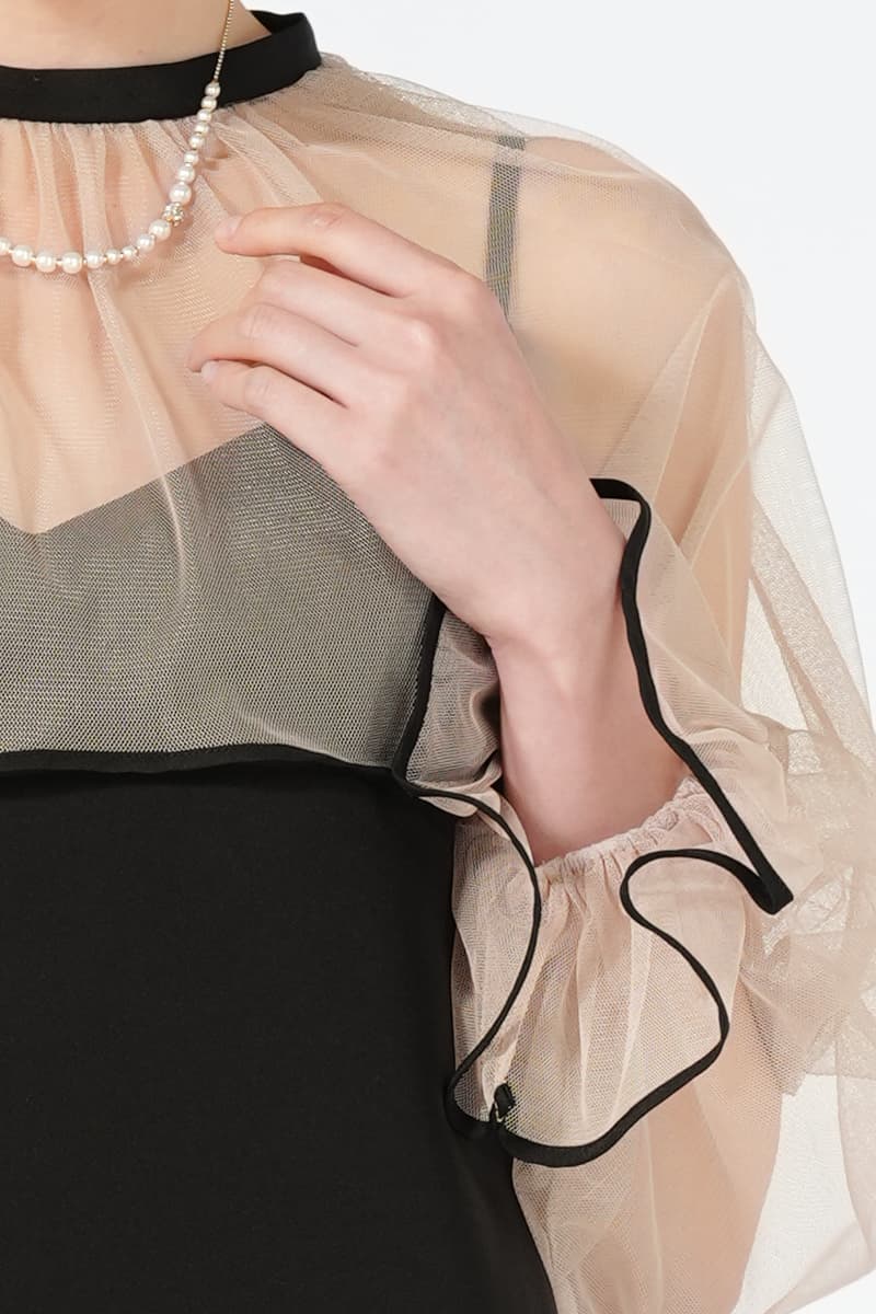 Ameri VINTAGE シアーチュールトップス付きブラックドレス (L) を