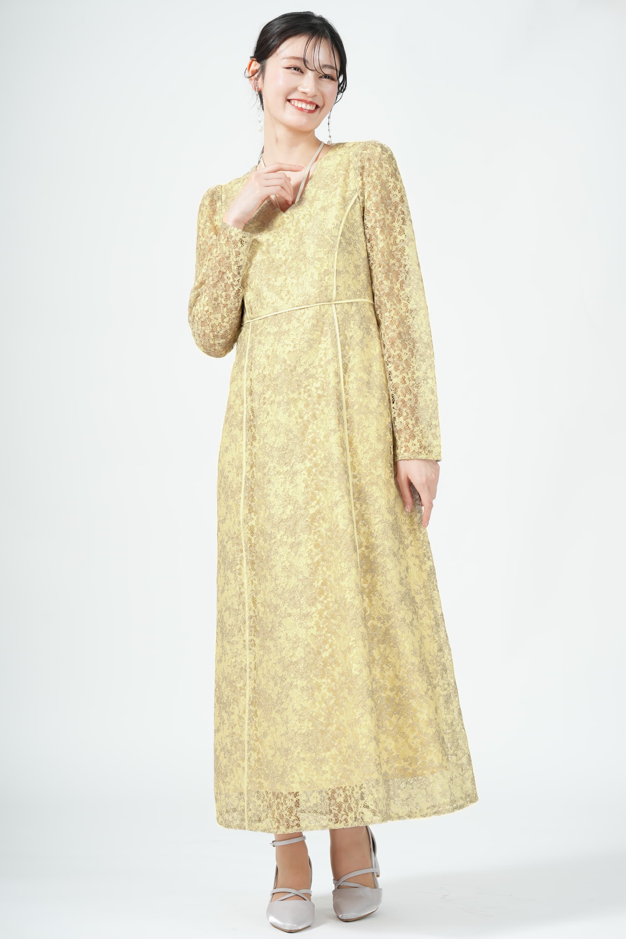 LAGUNAMOON ネックリボン異素材パイピングイエロードレス (M) を