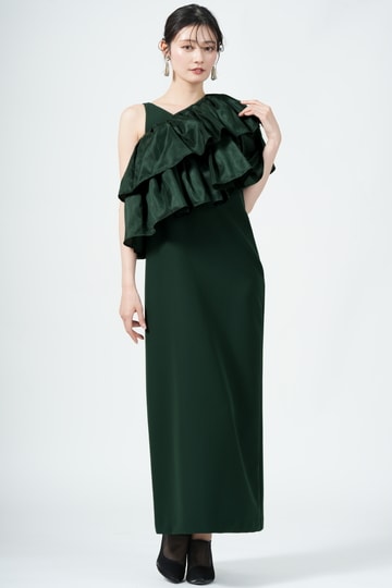 Ameri VINTAGE 光沢ティアードレイヤードグリーンドレス (S) を