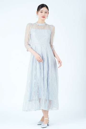 SNIDEL フラワー柄スパンコールレースサックスブルードレス (S) を