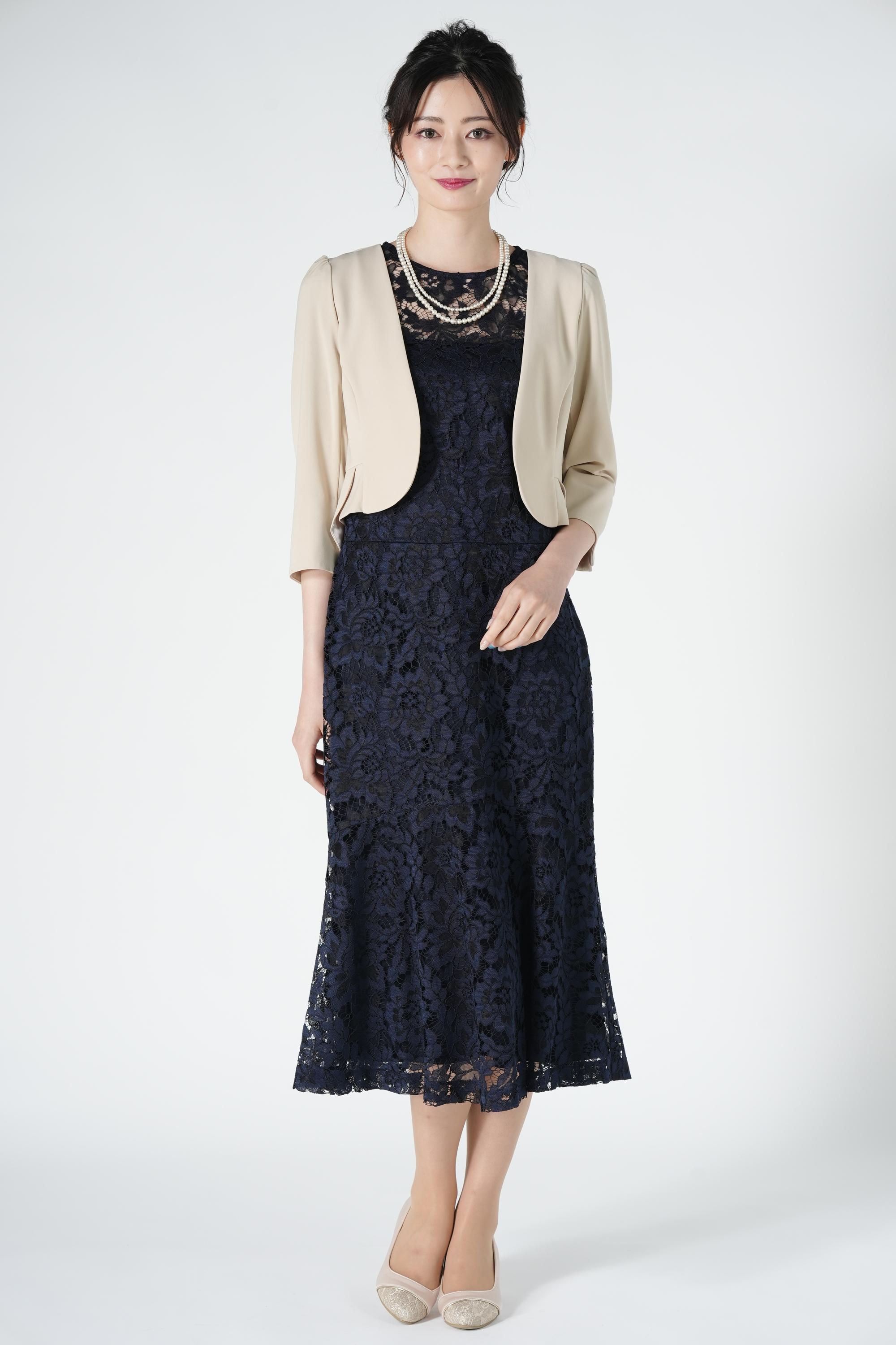 LAUREN RALPH LAUREN フラワー総レースネイビードレスセット (L) を