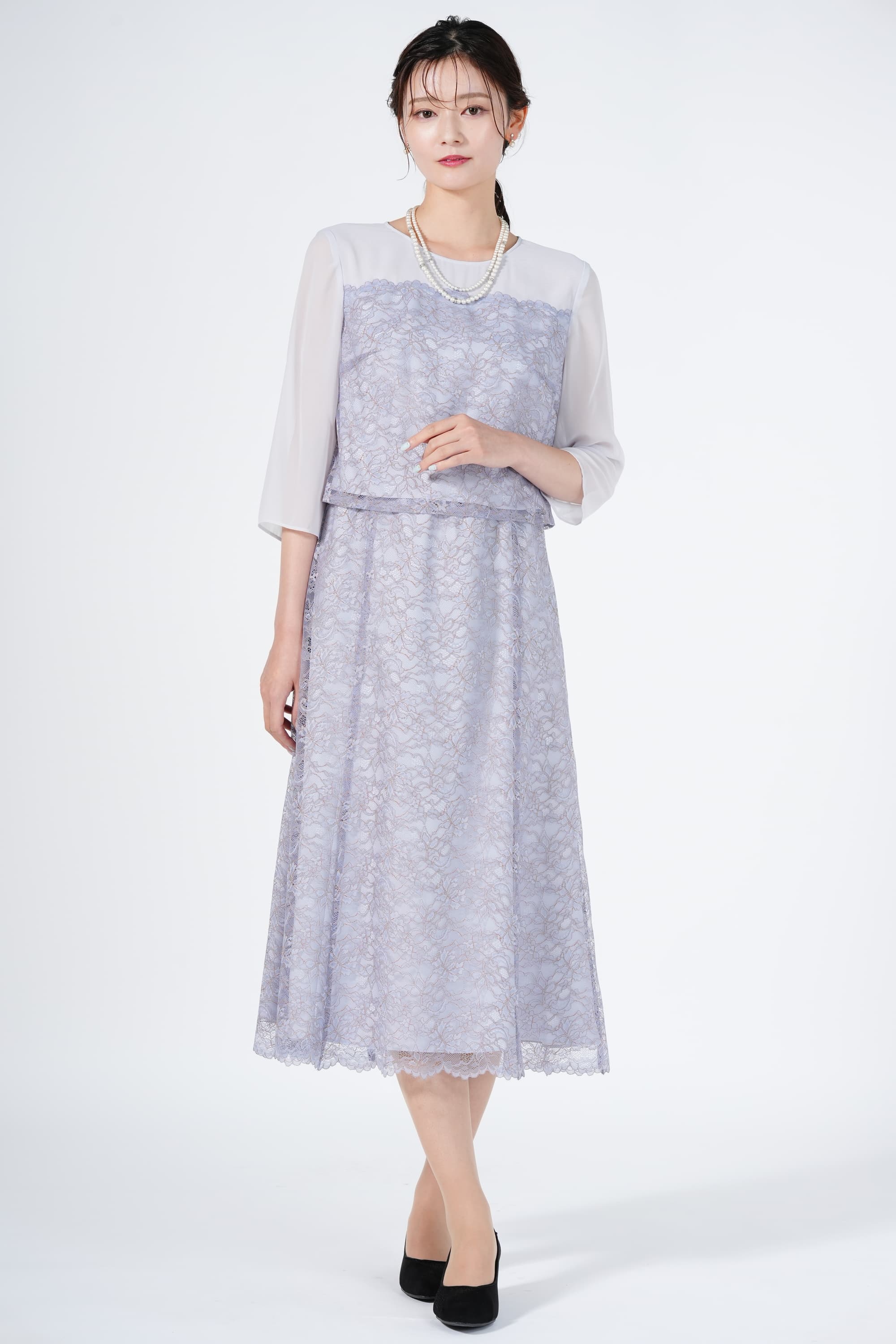 RIFANNE 東京ソワール スカラップ裾レースくすみブルードレスセット (L