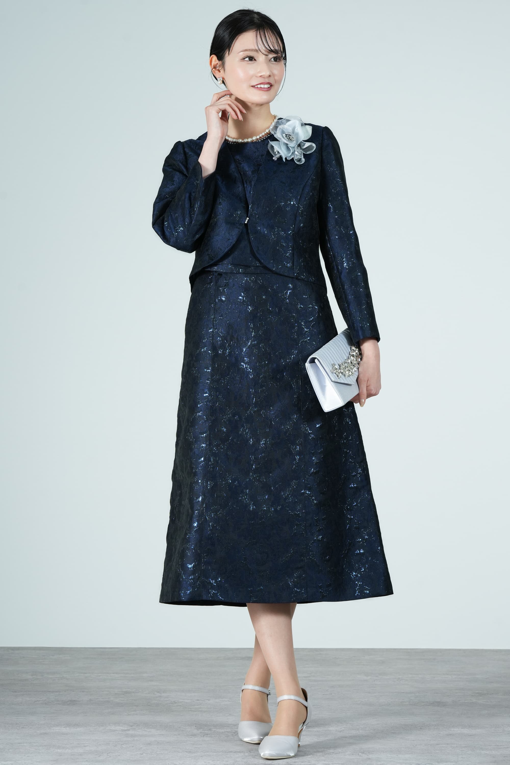 Apploberry 東京ソワール 艶感ふくれジャガードネイビードレスセット