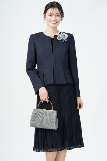 RIFANNE 東京ソワール ラメ混ジャケットプリーツネイビードレスセット