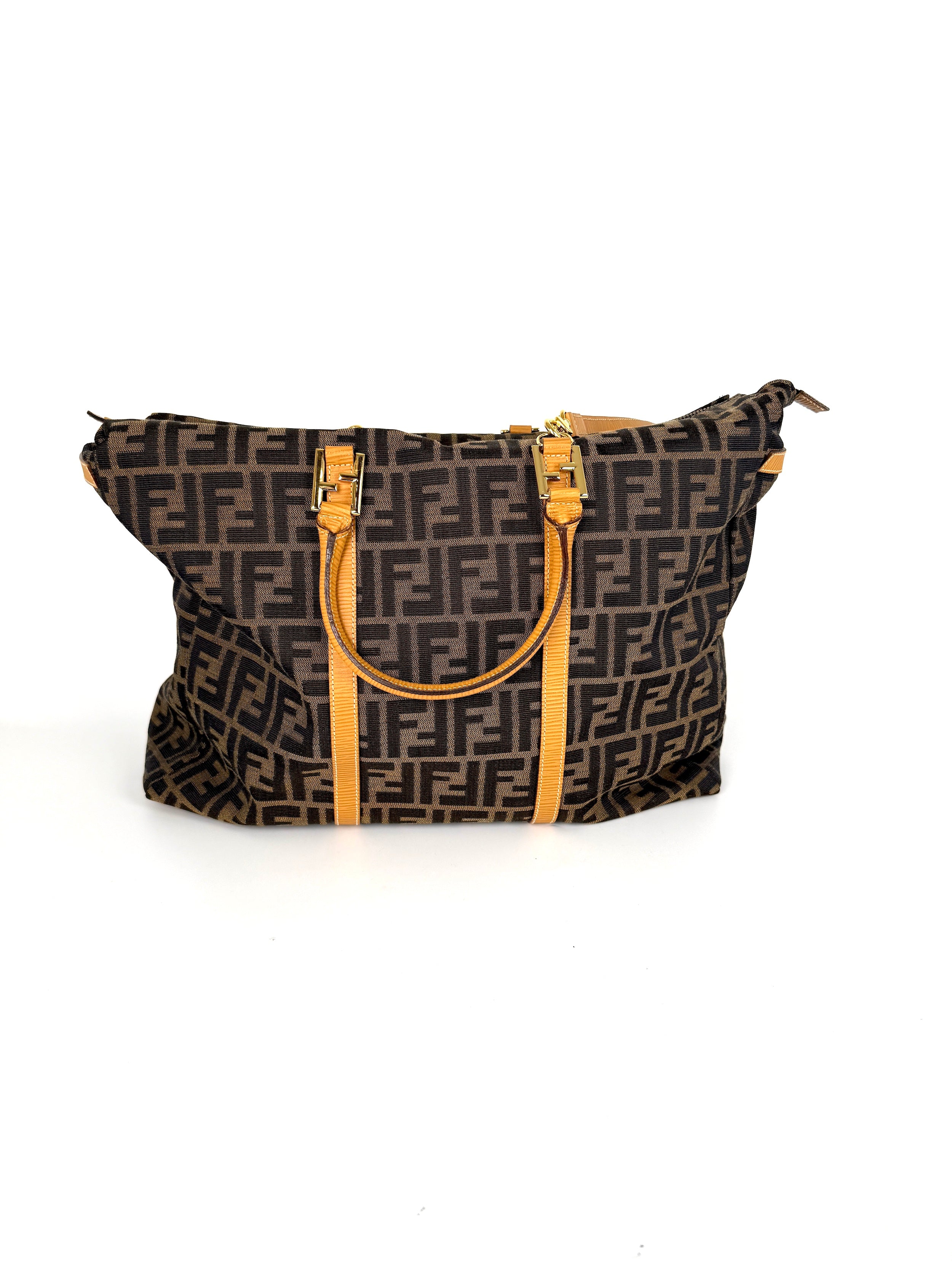 Vintage FENDI Zucca FF Brown Canvas Travel Weekender Tote Shoulder