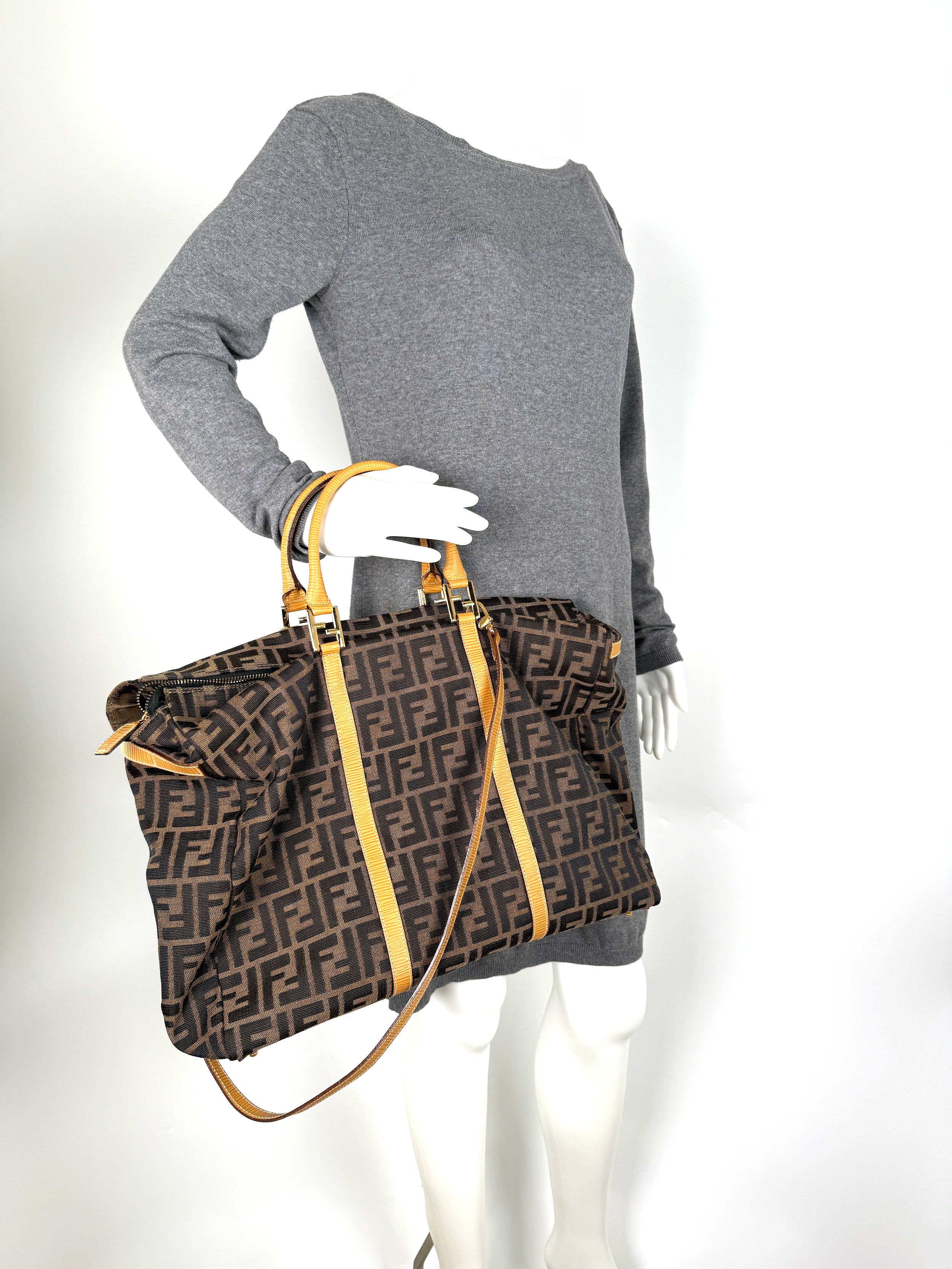 Vintage FENDI Zucca FF Brown Canvas Travel Weekender Tote Shoulder