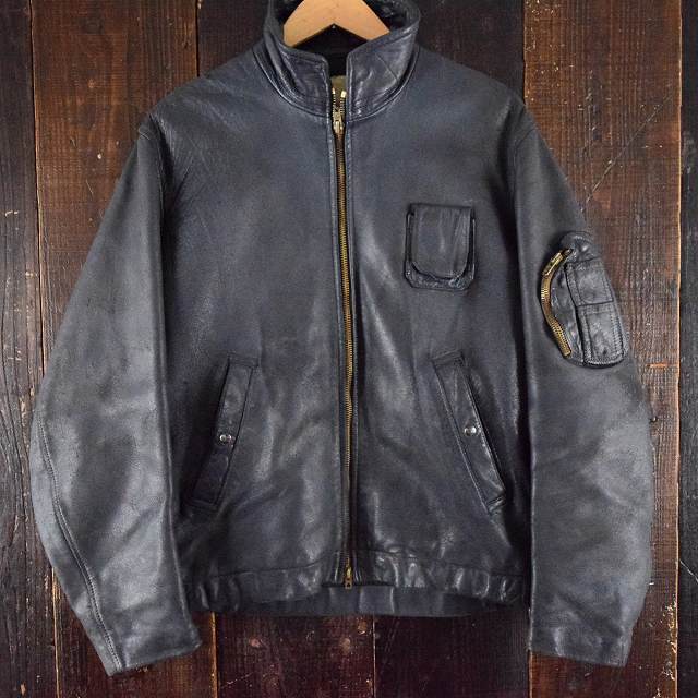 80's フランス空軍 レザーフライトジャケット ネイビー M位80年代