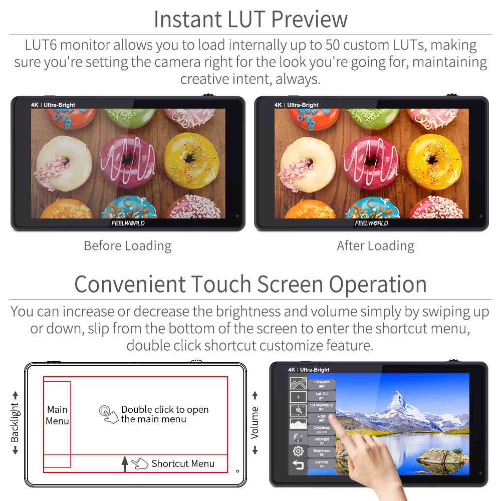 FEELWORLD LUT6 6インチ 2600nits HDR/3D LUT タッチスクリーン DSLR