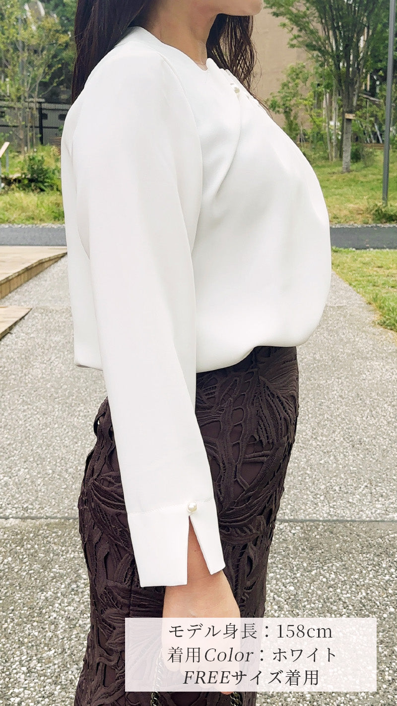 追加販売】ブラウス 襟立体パール 袖口スリット 長袖 フェリーシェル