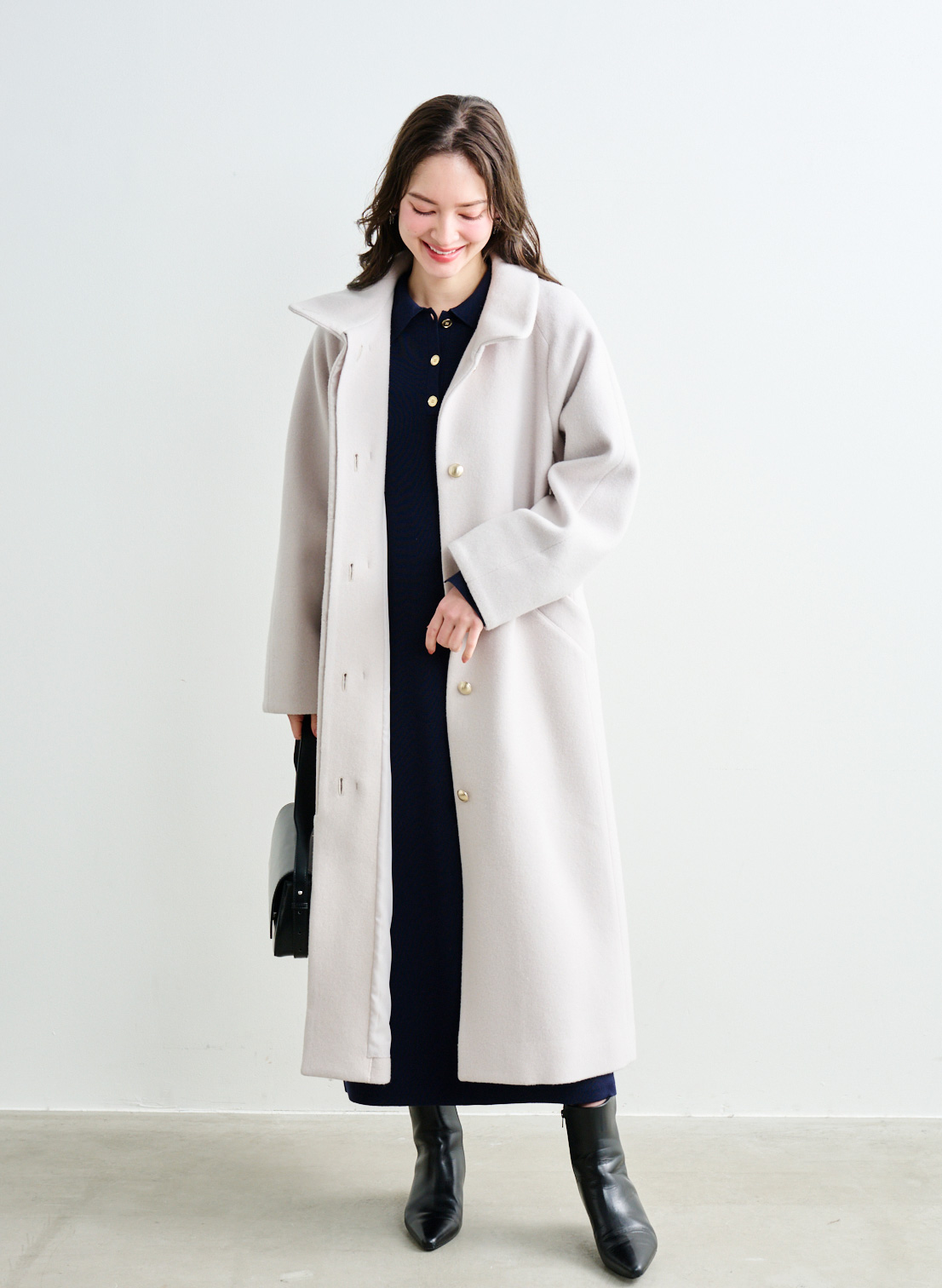 メリノウール＞スタンドカラーベルテットロングコート｜LOUNIE