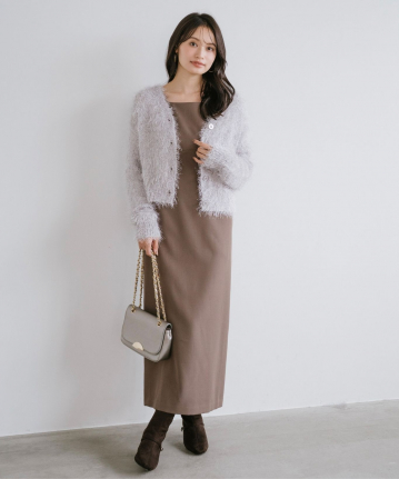 フェザーニットカーディガン&ノースリワンピースセット｜Stola