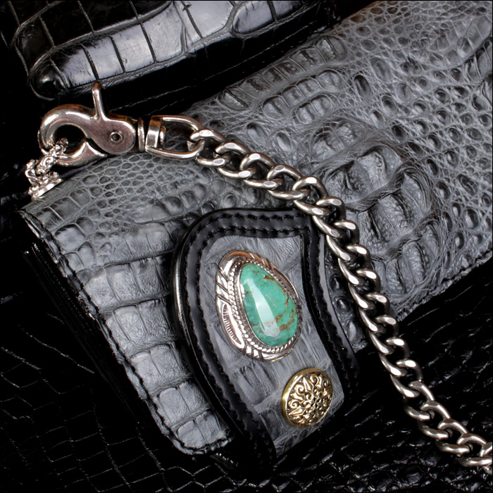 バイカーズウォレット/クロコダイル 長財布/クラウングレー グリーン