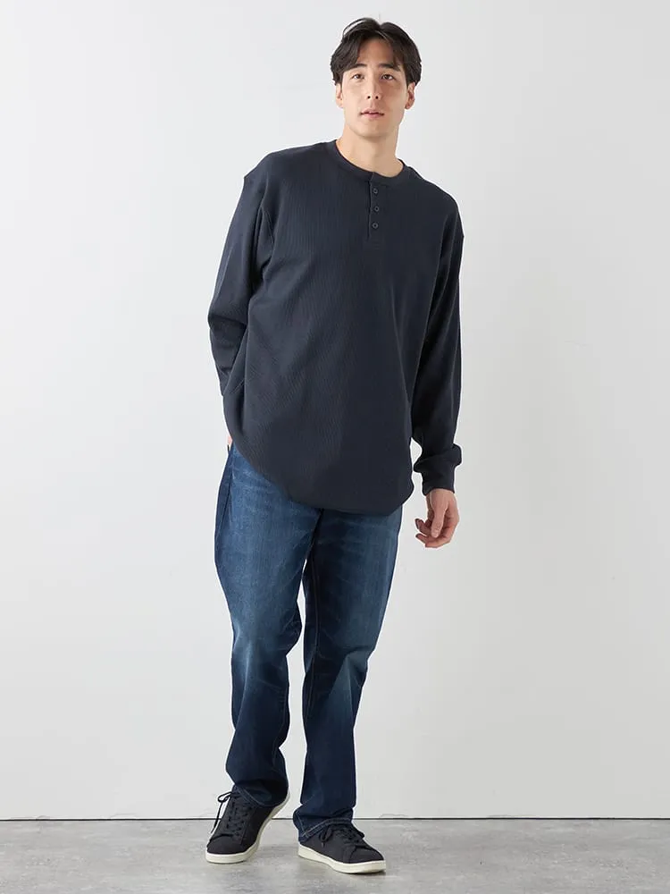 L．グレー 【EL.FO】無地ワッフル編みヘンリーネック長袖Tシャツ