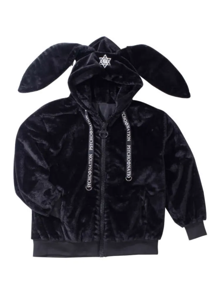 ブラック 【PSYCHO NATION】うさ耳チェーン付フードファーブルゾン