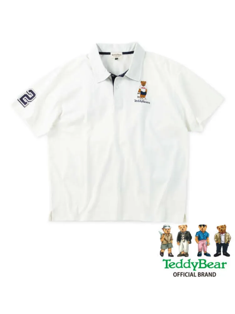 オフホワイト 【Teddy Bear】鹿の子刺繍&プリント半袖ポロシャツ
