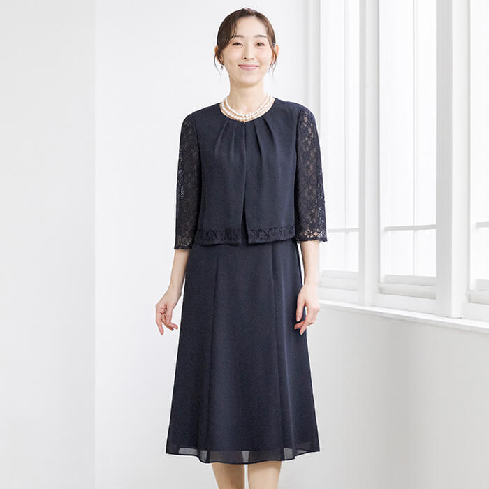 上質な米沢織ジャカードのアンサンブル 9号・ネイビー｜東京ソワール