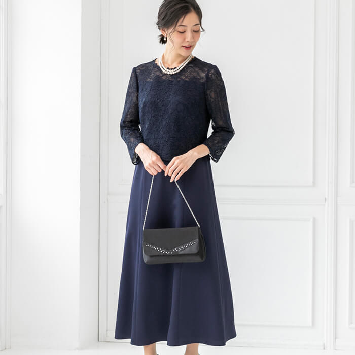 ロング丈の袖付きゲストドレス 13号・ネイビー｜東京ソワール