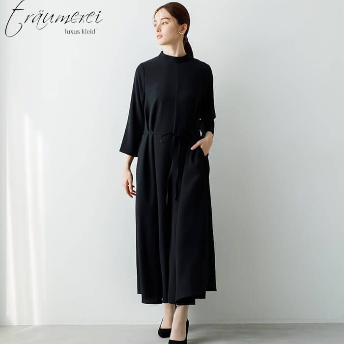 WEB限定｜ポケット付きワイドオールインワンドレス 13号・ブラック