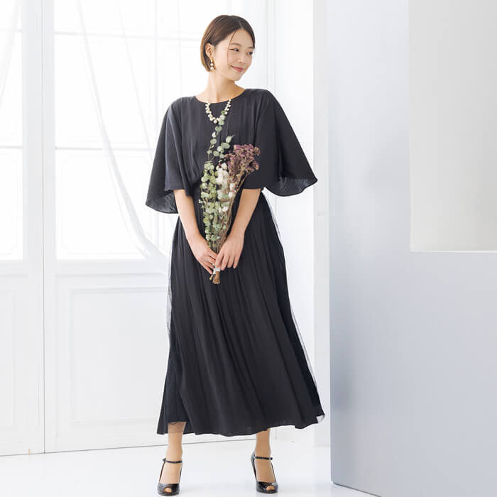 WEB限定｜ケープ風ブラウジングドレス 11号・ブラック｜東京ソワール