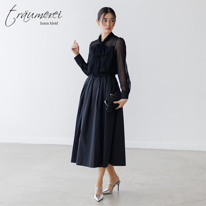 WEB限定｜ボウタイレースドレス 9号・ネイビー｜東京ソワール