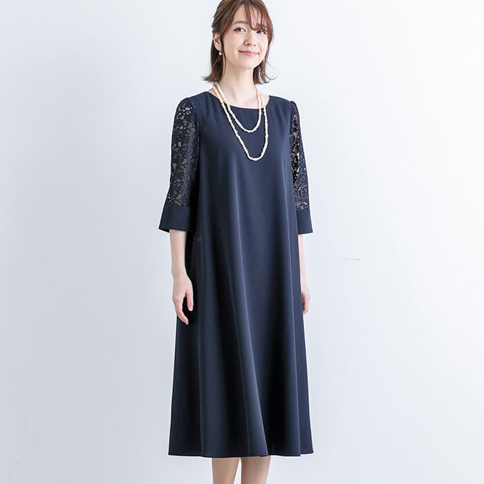 レース袖のワンピース 7号・ネイビー｜東京ソワールオンラインストア