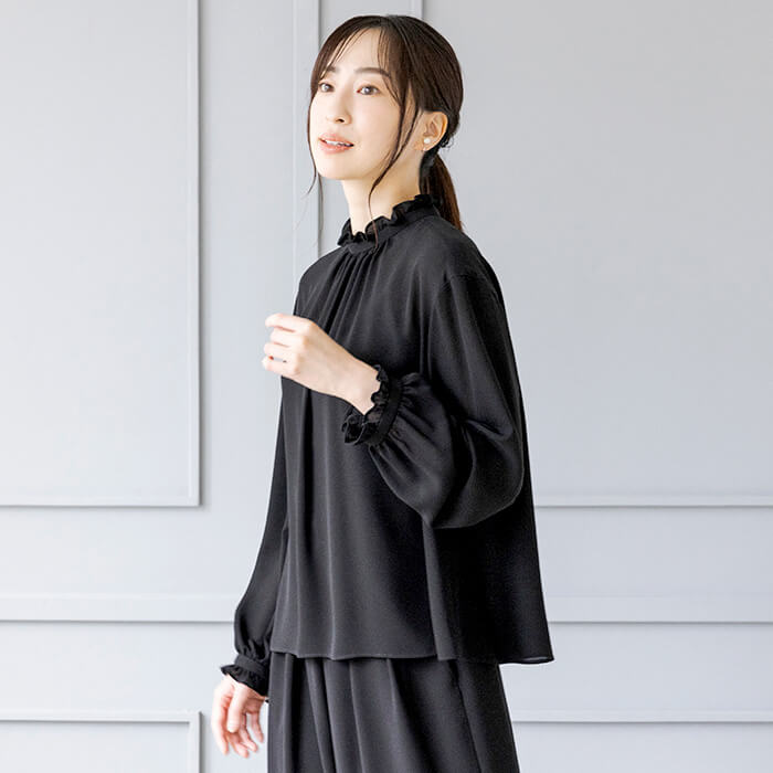 洗える｜フリルギャザーのブラウス L・ブラック｜東京ソワール