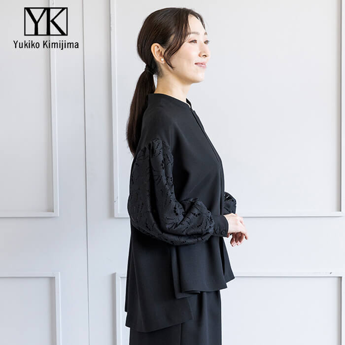 袖のレースがポイントのエレガントなセットアップ M(9号)・ブラック